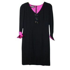 Vintage 80s womens formal dress size 14 black knee length embellished chiffon